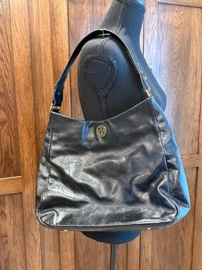 Tory Burch Black Leather Shoulder “Hobo” Bag with Gold Logo